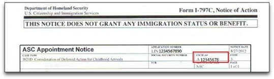 USCIS A number on I-797C Notice of Action