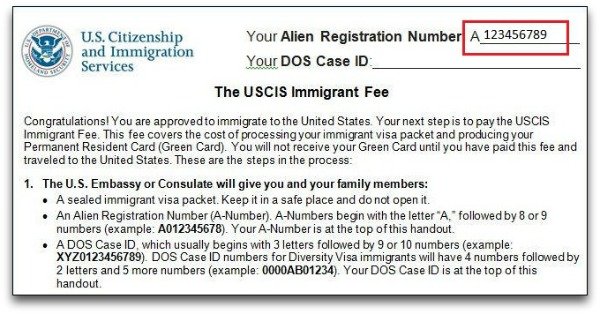 USCIS A number on Immigrant Fee Handout